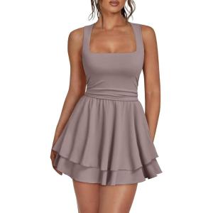 imageTrendy Queen Womens Square Neck Summer Party Flowy Ruffle Hem Ruched Waist Mini DressRose Taupe