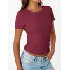 imageTrendy Queen Womens Short Sleeve Shirts Crewneck Ribbed Knit Slim Fitted TShirt Summer Basic Tee 2025 TopsWine