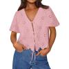imageTrendy Queen Womens Tie Front Tops Summer Beach Vacation 2025 Fashion Outfits Loose Fit Blouses Eyelet Embroidered ClothesPink