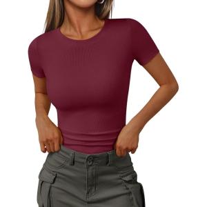 imageTrendy Queen Womens Short Sleeve Shirts Crewneck Ribbed Knit Slim Fitted TShirt Summer Basic Tee 2025 TopsWine