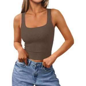 imageTrendy Queen Womens Summer Square Neck Tank Tops Workout Cropped Ribbed Summer Camisole Sleeveless Clothes 2025Coffee