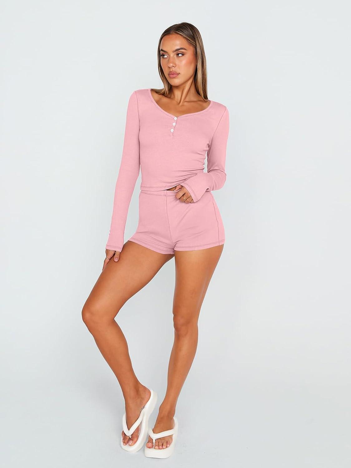 imageTrendy Queen Womens Two Piece Sets Lounge 2 Piece Outfits Ribbed Knit Shorts and Long Sleeve Button Down Top Tracksuit 2024Pink