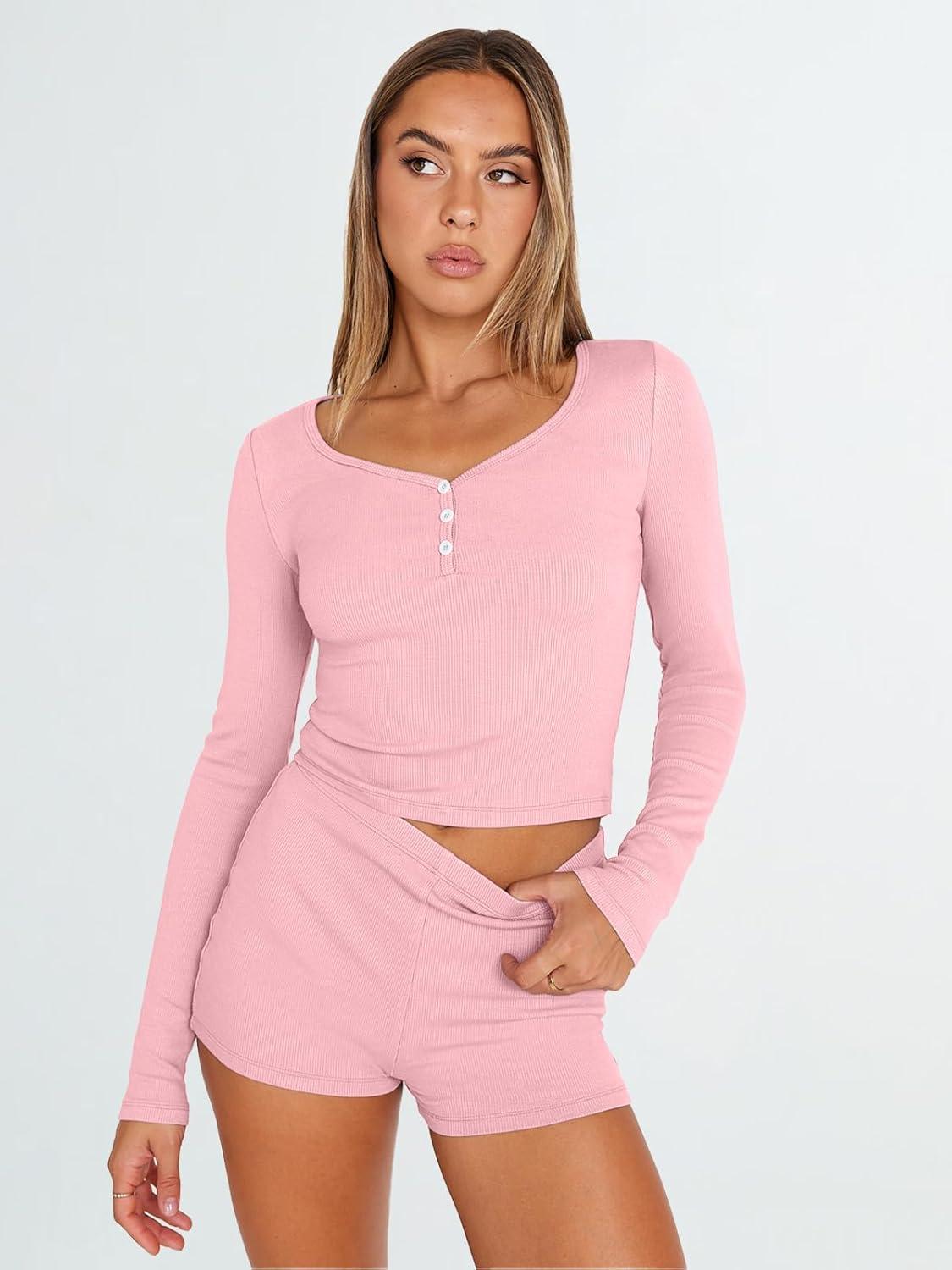 imageTrendy Queen Womens Two Piece Sets Lounge 2 Piece Outfits Ribbed Knit Shorts and Long Sleeve Button Down Top Tracksuit 2024Pink