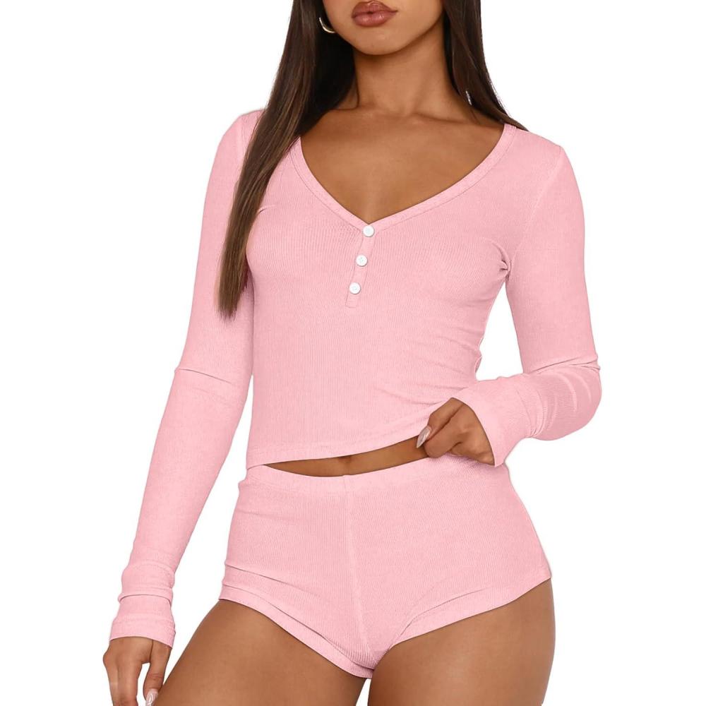 imageTrendy Queen Womens Two Piece Sets Lounge 2 Piece Outfits Ribbed Knit Shorts and Long Sleeve Button Down Top Tracksuit 2024Pink