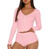 imageTrendy Queen Womens Two Piece Sets Lounge 2 Piece Outfits Ribbed Knit Shorts and Long Sleeve Button Down Top Tracksuit 2024Pink