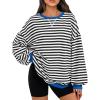imageTrendy Queen Oversized Sweatshirt for Women 2025 Summer Crewneck Striped Long Sleeve Shirts Hoodies Cute Top Y2K OutfitsBlackwhite