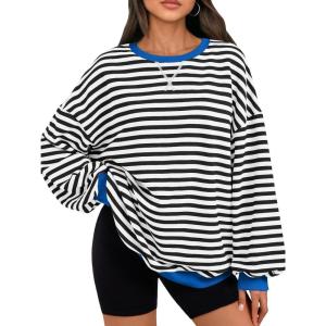 imageTrendy Queen Oversized Sweatshirt for Women 2025 Summer Crewneck Striped Long Sleeve Shirts Hoodies Cute Top Y2K OutfitsBlackwhite