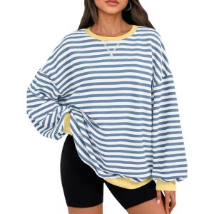 imageTrendy Queen Oversized Sweatshirt for Women 2025 Summer Crewneck Striped Long Sleeve Shirts Hoodies Cute Top Y2K OutfitsBluewhite