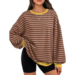 imageTrendy Queen Oversized Sweatshirt for Women 2025 Summer Crewneck Striped Long Sleeve Shirts Hoodies Cute Top Y2K OutfitsBrownkhaki