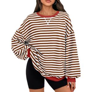 imageTrendy Queen Oversized Sweatshirt for Women 2025 Summer Crewneck Striped Long Sleeve Shirts Hoodies Cute Top Y2K OutfitsBrownwhite01