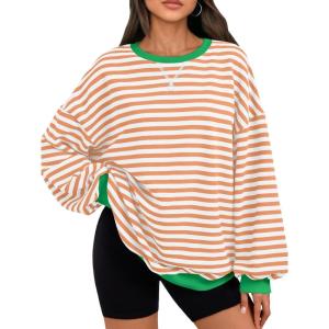 imageTrendy Queen Oversized Sweatshirt for Women 2025 Summer Crewneck Striped Long Sleeve Shirts Hoodies Cute Top Y2K OutfitsOrangewhite