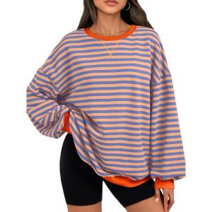 imageTrendy Queen Oversized Sweatshirt for Women 2025 Summer Crewneck Striped Long Sleeve Shirts Hoodies Cute Top Y2K OutfitsPinkblue