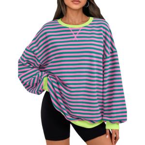 imageTrendy Queen Oversized Sweatshirt for Women 2025 Summer Crewneck Striped Long Sleeve Shirts Hoodies Cute Top Y2K OutfitsPinkgreen