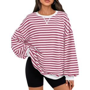 imageTrendy Queen Oversized Sweatshirt for Women 2025 Summer Crewneck Striped Long Sleeve Shirts Hoodies Cute Top Y2K OutfitsRaspberrywhite