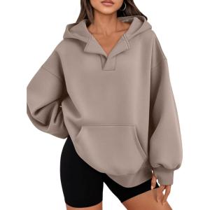 imageTrendy Queen Womens Oversized V Neck Hoodies with Thumb Hole Pullover Sweatshirts Y2k Clothes Fall Fashion Outfits 2025Coffeegrey