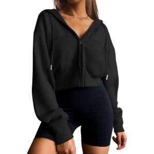 imageTrendy Queen Womens Zip Up Cropped Hoodies Long Sleeve Sweatshirts Casual Jackets Fall Fashion 2025 Winter ClothesBlack
