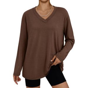imageTrendy Queen Oversized Tshirts for Women Workout Plus Size Gym Tops V Neck Long Sleeve T Shirts Spring Casual Basic TeesCoffee