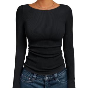 imageTrendy Queen Women Long Sleeve Shirts Ribbed Tops Boat Neck Underscrub Basic Casual Cute Tight Tees Fall Fashion Clothes 2025Black