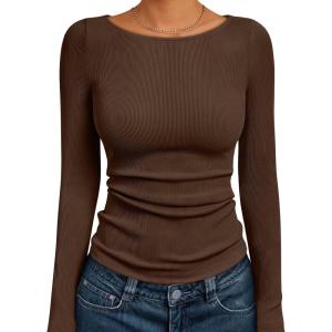 imageTrendy Queen Women Long Sleeve Shirts Ribbed Tops Boat Neck Underscrub Basic Casual Cute Tight Tees Fall Fashion Clothes 2025Brown