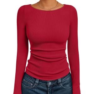 imageTrendy Queen Women Long Sleeve Shirts Ribbed Tops Boat Neck Underscrub Basic Casual Cute Tight Tees Fall Fashion Clothes 2025Red