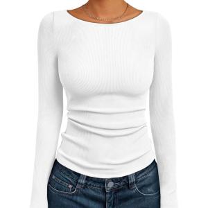 imageTrendy Queen Women Long Sleeve Shirts Ribbed Tops Boat Neck Underscrub Basic Casual Cute Tight Tees Fall Fashion Clothes 2025White