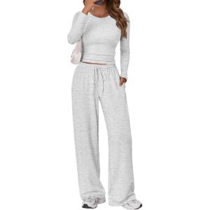 imageTrendy Queen Womens 2 Piece Matching Lounge Set Long Sleeve Slightly Crop Top Wide Leg Pants Casual Sweatsuit