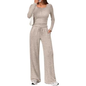 imageTrendy Queen Womens 2 Piece Matching Lounge Sets Fall Fashion Outfits Henley Neck Sweater Top Wide Leg Pants Sweat Suits