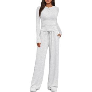 imageTrendy Queen Womens 2 Piece Matching Lounge Sets Fall Fashion Two Pieces Sweat Outfits Long Sleeve Wide Leg Pants TracksuitsLight Grey