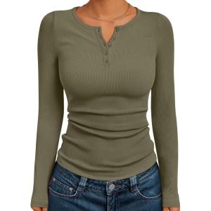 imageTrendy Queen Womens Long Sleeve Shirts 2025 Henley Casual Fall Outfits Fitted Cotton Tops Ribbed Fashion Basic TeesArmygreen