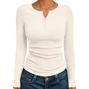imageTrendy Queen Womens Long Sleeve Shirts 2025 Henley Casual Fall Outfits Fitted Cotton Tops Ribbed Fashion Basic TeesBeige