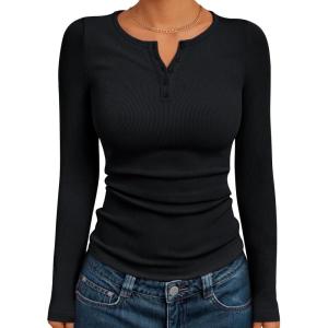 imageTrendy Queen Womens Long Sleeve Shirts 2025 Henley Casual Fall Outfits Fitted Cotton Tops Ribbed Fashion Basic TeesBlack