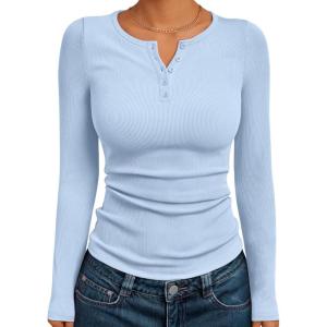 imageTrendy Queen Womens Long Sleeve Shirts 2025 Henley Casual Fall Outfits Fitted Cotton Tops Ribbed Fashion Basic TeesBlue