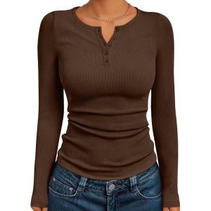 imageTrendy Queen Womens Long Sleeve Shirts 2025 Henley Casual Fall Outfits Fitted Cotton Tops Ribbed Fashion Basic TeesCoffee