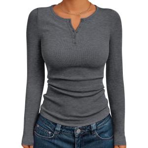 imageTrendy Queen Womens Long Sleeve Shirts 2025 Henley Casual Fall Outfits Fitted Cotton Tops Ribbed Fashion Basic TeesDark Grey