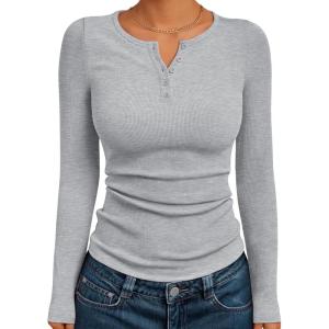 imageTrendy Queen Womens Long Sleeve Shirts 2025 Henley Casual Fall Outfits Fitted Cotton Tops Ribbed Fashion Basic TeesGrey