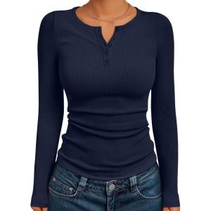 imageTrendy Queen Womens Long Sleeve Shirts 2025 Henley Casual Fall Outfits Fitted Cotton Tops Ribbed Fashion Basic TeesNavyblue