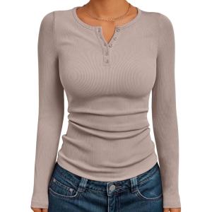 imageTrendy Queen Womens Long Sleeve Shirts 2025 Henley Casual Fall Outfits Fitted Cotton Tops Ribbed Fashion Basic TeesTaupe