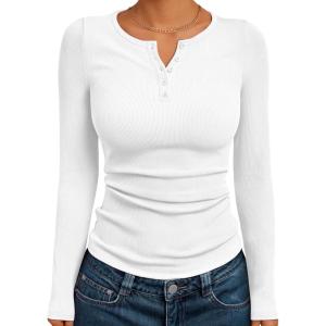 imageTrendy Queen Womens Long Sleeve Shirts 2025 Henley Casual Fall Outfits Fitted Cotton Tops Ribbed Fashion Basic TeesWhite