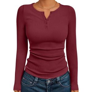 imageTrendy Queen Womens Long Sleeve Shirts 2025 Henley Casual Fall Outfits Fitted Cotton Tops Ribbed Fashion Basic TeesWinered