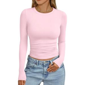 imageTrendy Queen Womens Long Sleeve Shirts Crop Tops Fall Fashion 2025 Going Out Basic Winter ClothesPink