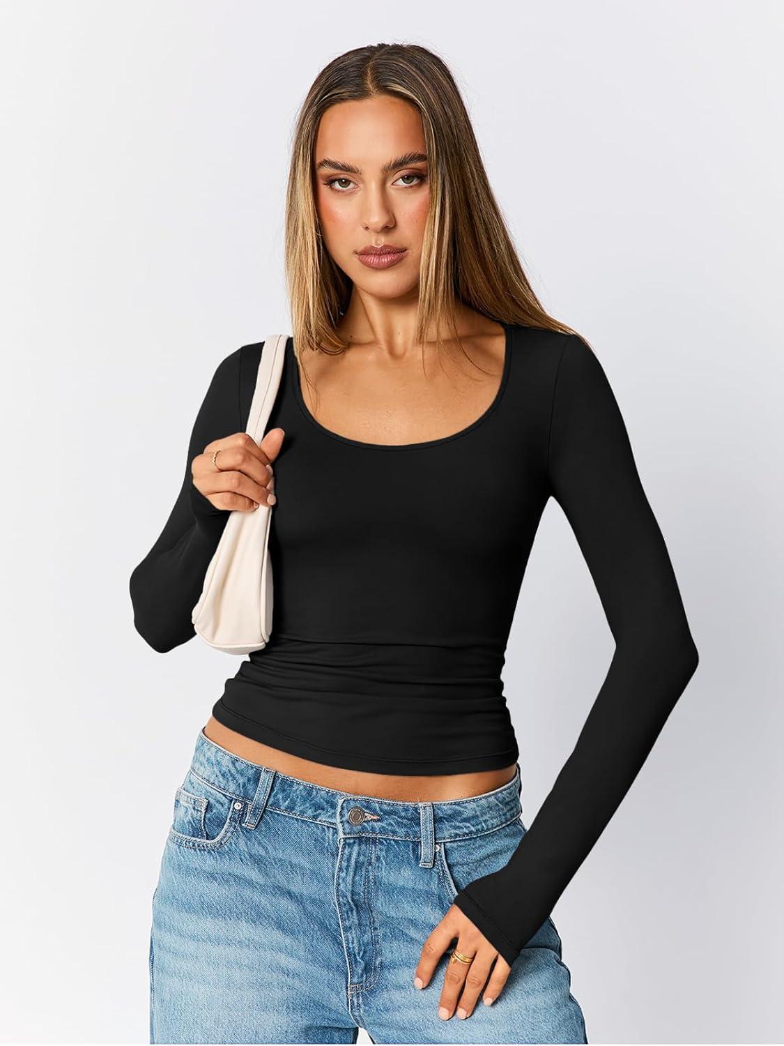 imageTrendy Queen Womens Scoop Neck Long Sleeve Shirts Skinny Going Out Crop Tops Cute Fall Fashion 2025 ClothesBlack
