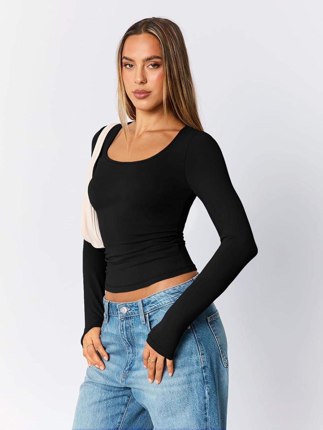 imageTrendy Queen Womens Scoop Neck Long Sleeve Shirts Skinny Going Out Crop Tops Cute Fall Fashion 2025 ClothesBlack