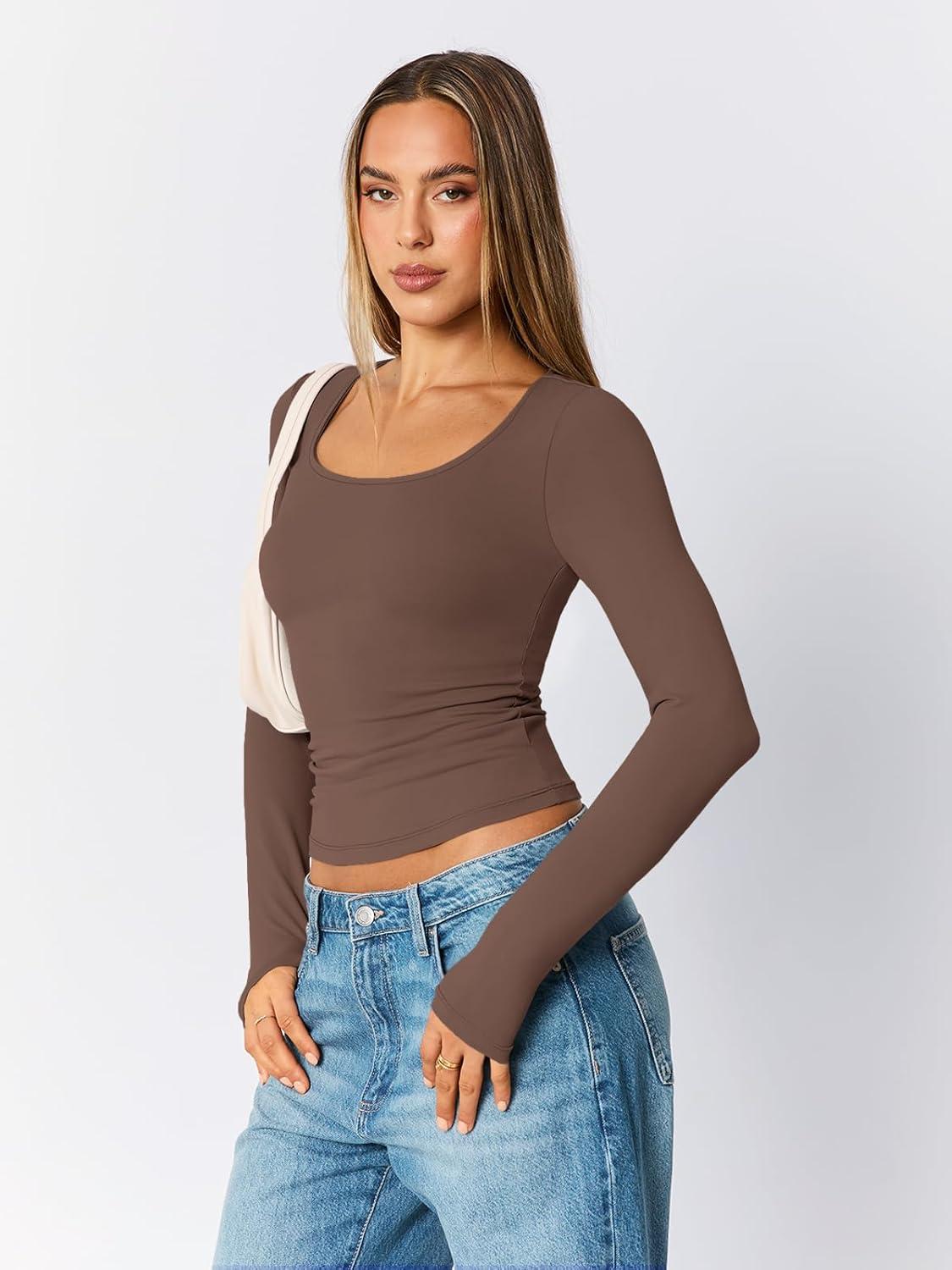 imageTrendy Queen Womens Scoop Neck Long Sleeve Shirts Skinny Going Out Crop Tops Cute Fall Fashion 2025 ClothesCoffee