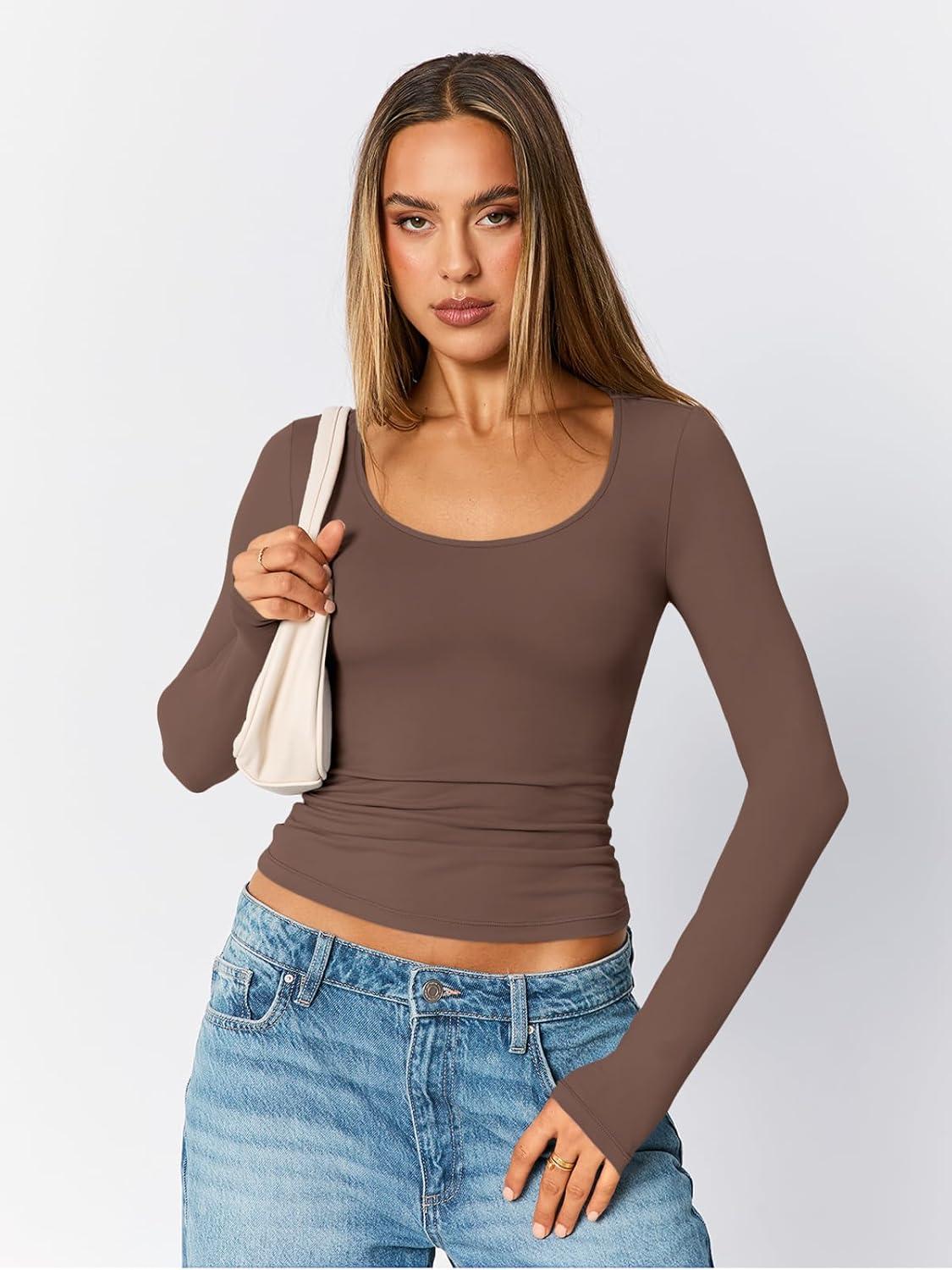 imageTrendy Queen Womens Scoop Neck Long Sleeve Shirts Skinny Going Out Crop Tops Cute Fall Fashion 2025 ClothesCoffee