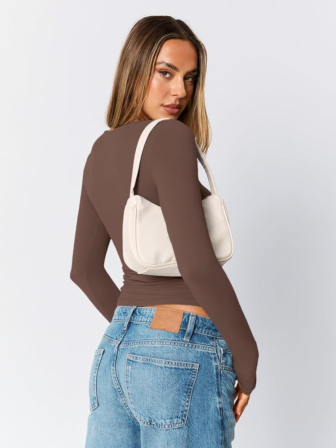 imageTrendy Queen Womens Scoop Neck Long Sleeve Shirts Skinny Going Out Crop Tops Cute Fall Fashion 2025 ClothesCoffee