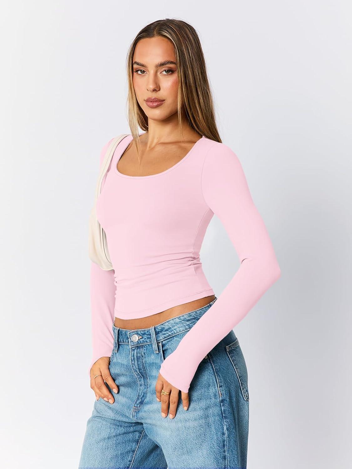 imageTrendy Queen Womens Scoop Neck Long Sleeve Shirts Skinny Going Out Crop Tops Cute Fall Fashion 2025 ClothesPink