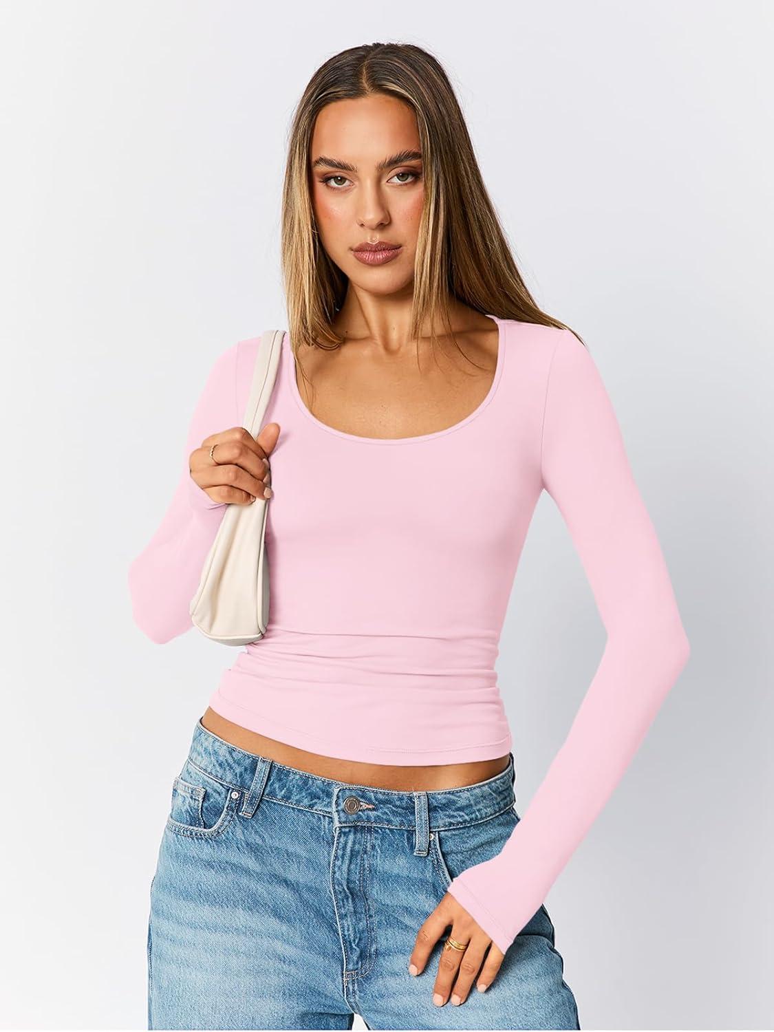 imageTrendy Queen Womens Scoop Neck Long Sleeve Shirts Skinny Going Out Crop Tops Cute Fall Fashion 2025 ClothesPink