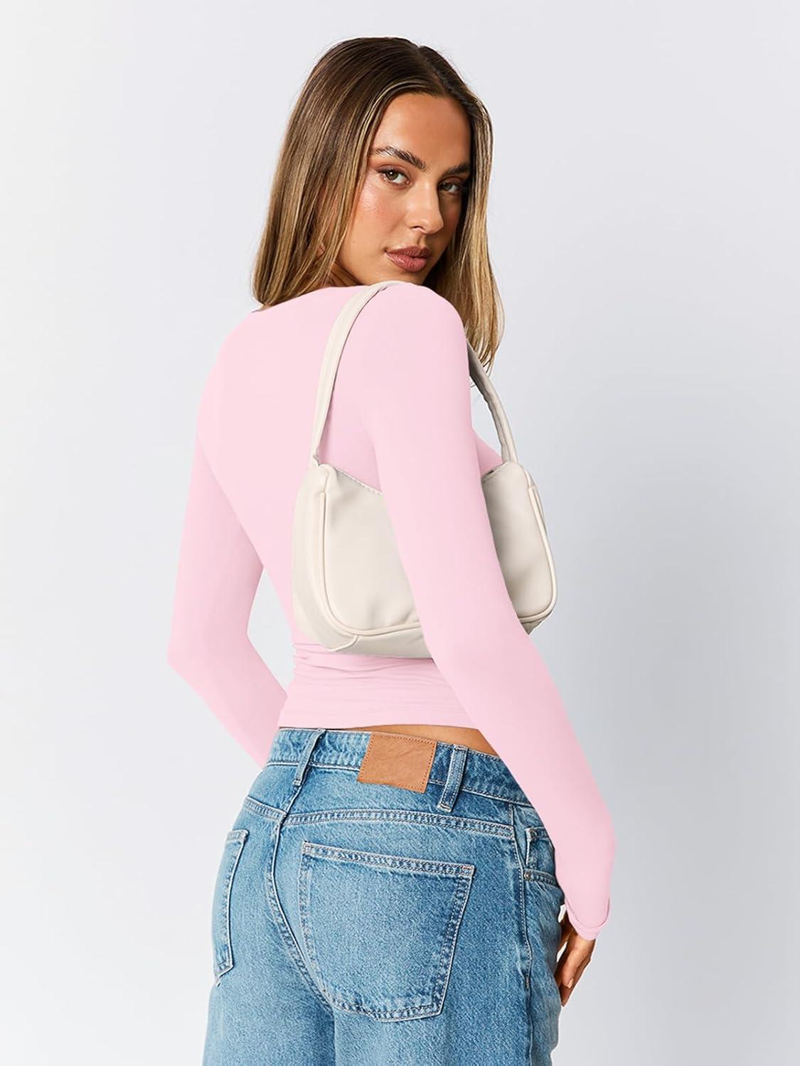 imageTrendy Queen Womens Scoop Neck Long Sleeve Shirts Skinny Going Out Crop Tops Cute Fall Fashion 2025 ClothesPink