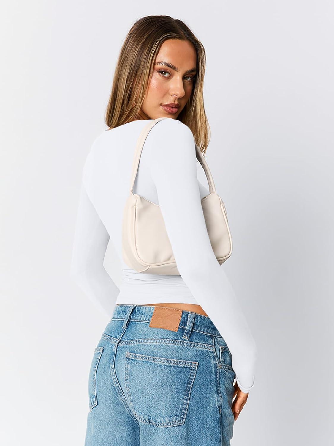 imageTrendy Queen Womens Scoop Neck Long Sleeve Shirts Skinny Going Out Crop Tops Cute Fall Fashion 2025 ClothesWhite