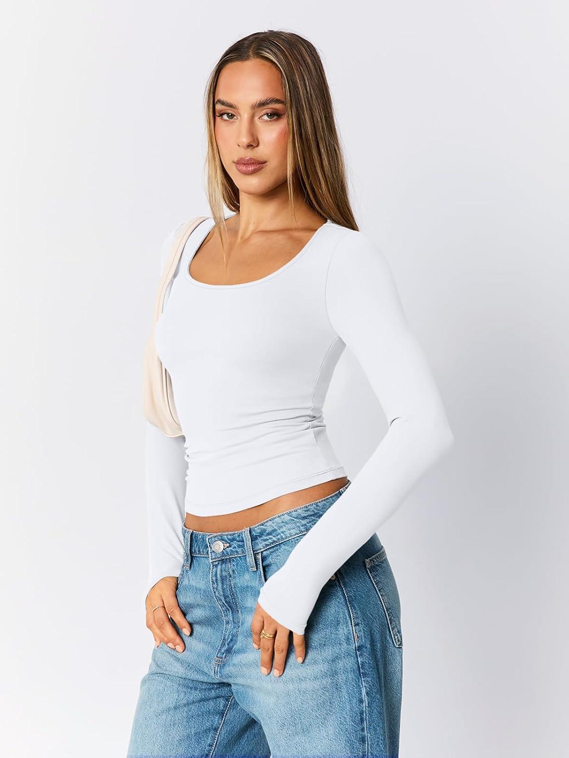 imageTrendy Queen Womens Scoop Neck Long Sleeve Shirts Skinny Going Out Crop Tops Cute Fall Fashion 2025 ClothesWhite